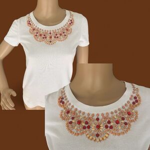 Talbots Petite Small White Embellished Beaded Neck Sweater Tee Top S P